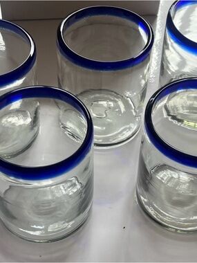 Blue-Rimmed Clear Glass Tumblers - Set of 4 Mexican Blown glass